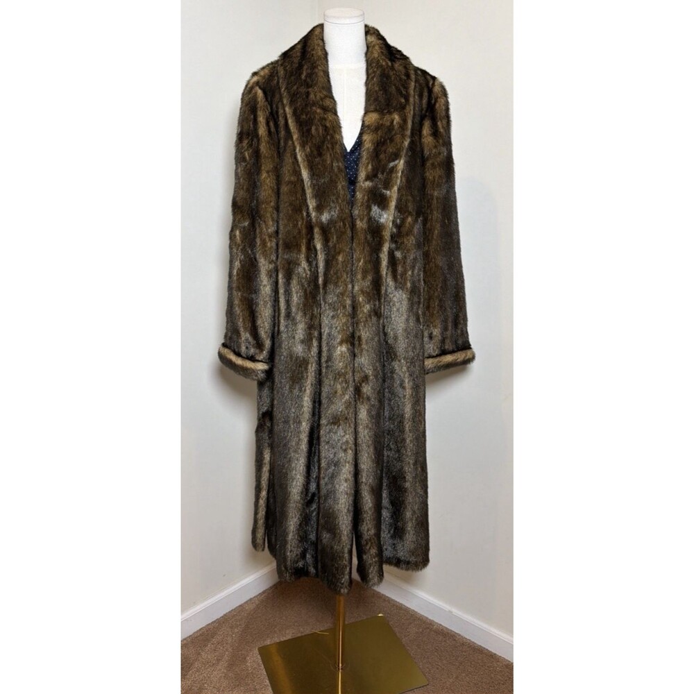 Dennis Basso Faux Fur Coat M Full Length Brown Mink Look Leopard Lining Luxury